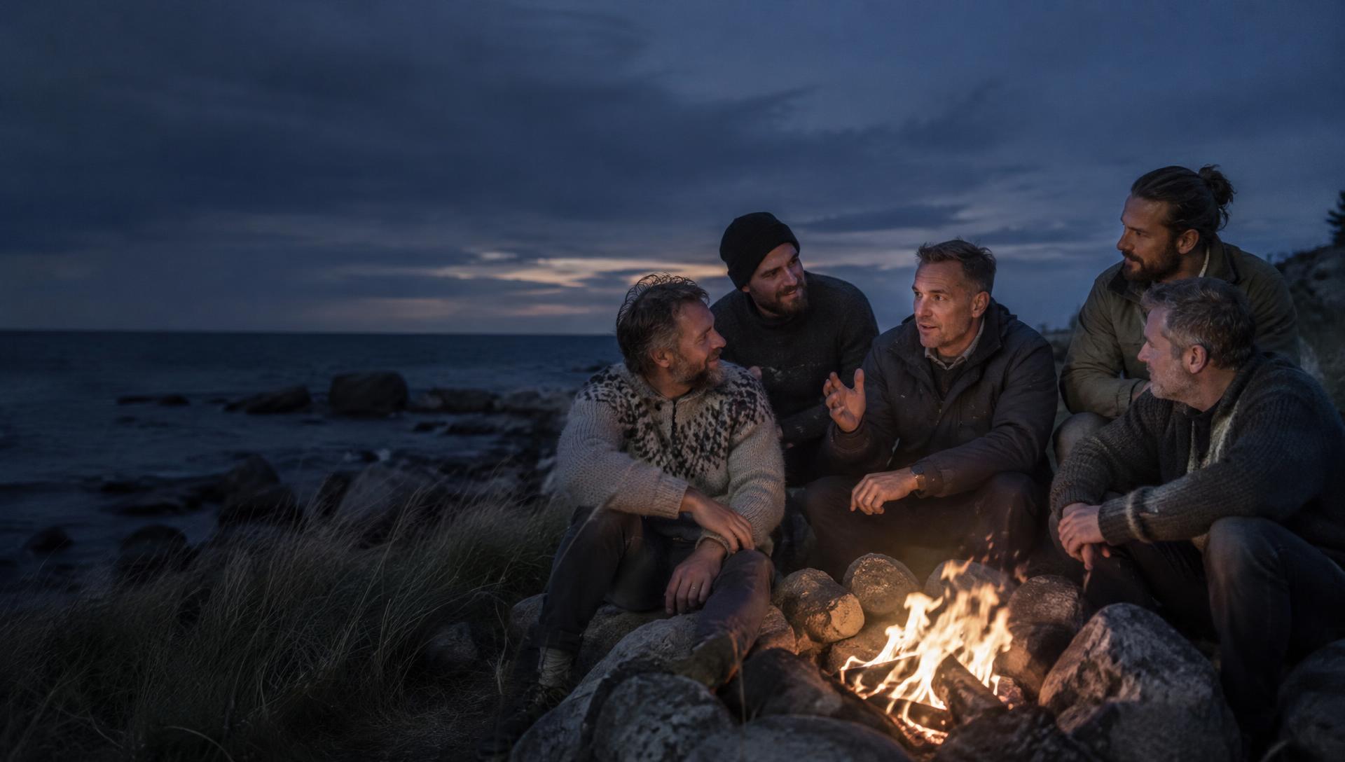Friends talking by a campfire