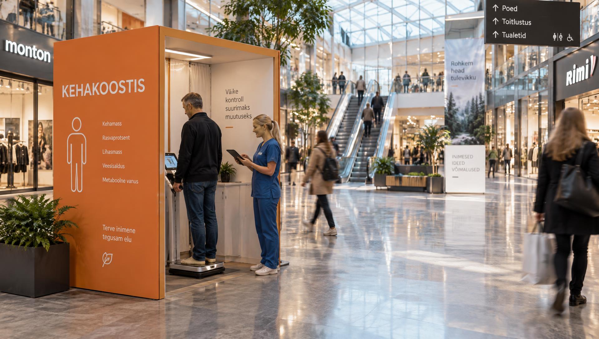The campaign's orange measurement booth in a shopping centre atrium